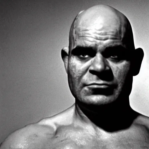 Prompt: black and white image of shrek as colonel kurtz, in apocalypse now