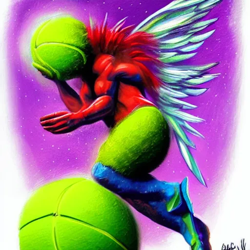 Image similar to a tennis ball monster with angel halo and wings,tennis ball,colorful, digital art, fantasy, magic, trending on artstation, ultra detailed, professional illustration by Basil Gogos