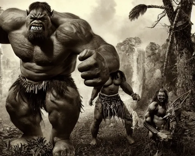 Image similar to hyper realistic group vintage photograph of a live action warcraft orc warrior tribe in the jungle, tall, hulk like physique, detailed faces, tribal paint, tribal armor, grain, old, monochrome, wide angle