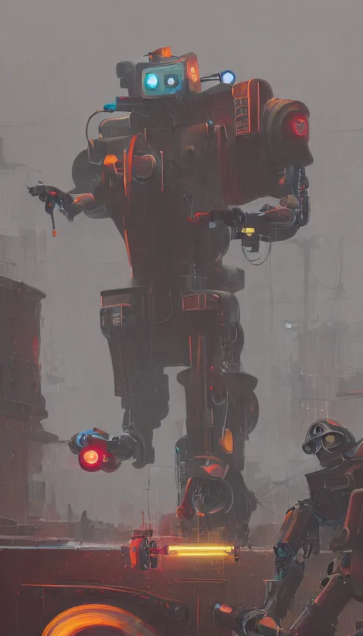 Prompt: a dieselpunk robot duels a cyberpunk robot, raining, sharp focus, james gilleard, cinematic, game art, extremely detailed digital painting