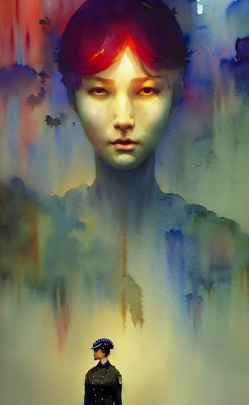 Image similar to female in police uniform. intricate, amazing composition, colorful watercolor, by ruan jia, by maxfield parrish, by marc simonetti, by hikari shimoda, by robert hubert, by zhang kechun, illustration, gloomy, volumetric lighting, fantasy