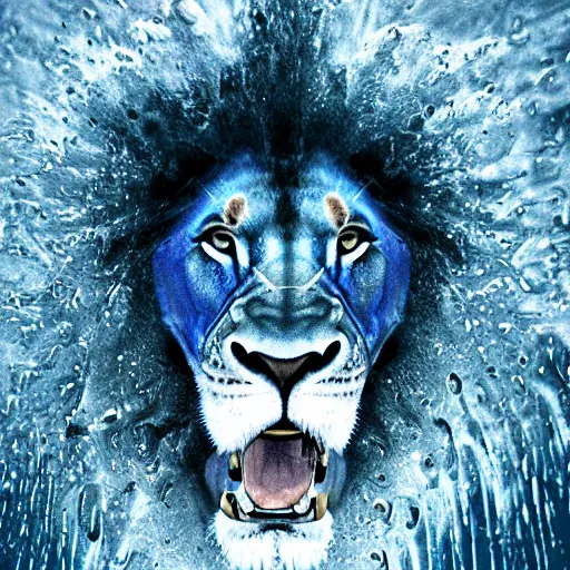 Image similar to a male lion's face breaching through a wall of water, headshot, water sprites, splashing, deep blue ocean, highly detailed, realistic digital art, trending on artstation