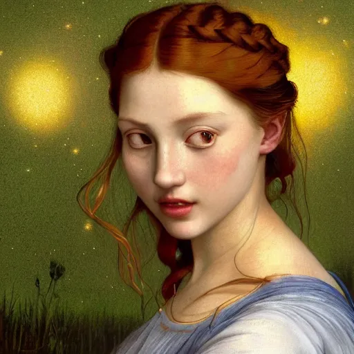 Image similar to portrait of a happy young woman, among the lights of golden fireflies and nature, long loose red hair, intricate details, green eyes, hint of freckles, round gentle face, gorgeous dress, deep focus, smooth, sharp, golden ratio, hyper realistic digital art by artemisia lomi gentileschi and leonardo da vinci and artgerm