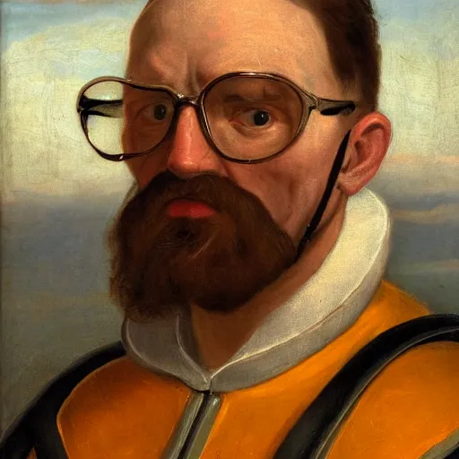 Image similar to dutch golden age painting portrait of gordon freeman wearing a hev suit, very detailed, very intricate, 8 k,