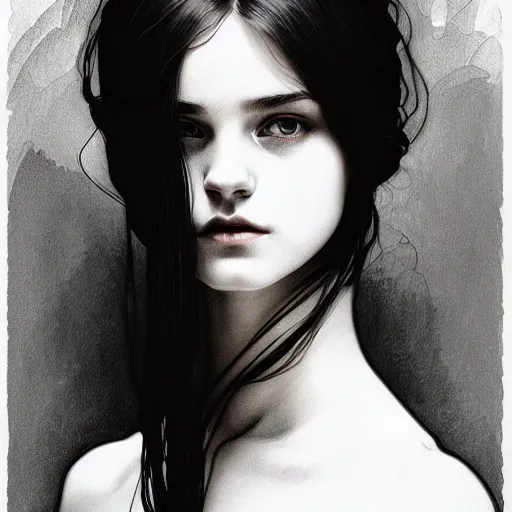 Image similar to black and white pen and ink sketch of a scottish teenage girl with dark blonde hair, glowing skin, intelligent face, fantasy, intricate, elegant, dress shirt, highly detailed, digital painting, artstation, concept art, smooth, sharp focus, illustration, art by Krenz Cushart and Artem Demura and alphonse mucha