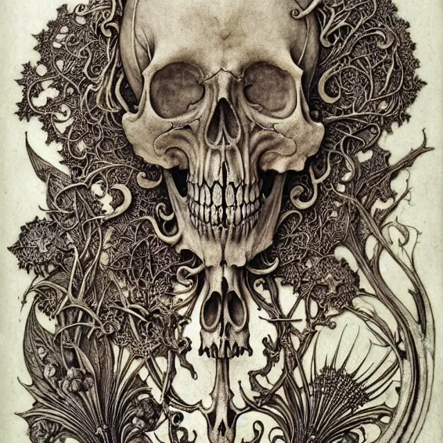 Image similar to memento mori by arthur rackham, art forms of nature by ernst haeckel, exquisitely detailed, art nouveau, gothic, ornately carved beautiful skull dominant, intricately carved antique bone, art nouveau botanicals, ornamental bone carvings, art forms of nature by ernst haeckel, horizontal symmetry, arthur rackham, ernst haeckel, symbolist, visionary