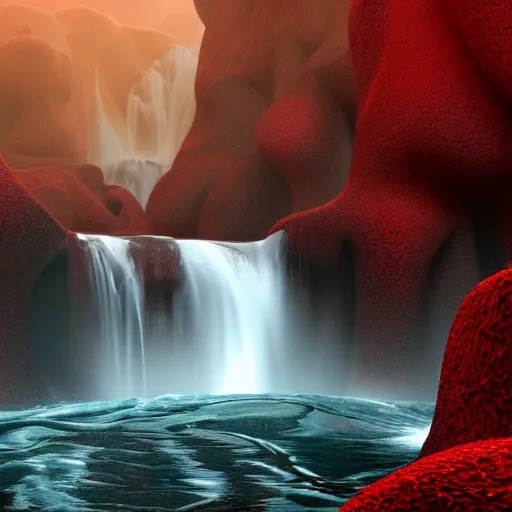 Prompt: landscape of a large waterfall flowing into an infinity pool in hell. intricate artwork. halo. octane render, cinematic, hyper realism, octane render, 8k, bokeh, demonic, dark, devil, demons, mist, red illuminating fog, rocks, red and black colour scheme.