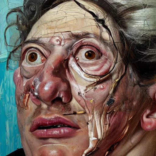 Image similar to high quality high detail painting by lucian freud and jenny saville, hd, madness, turquoise