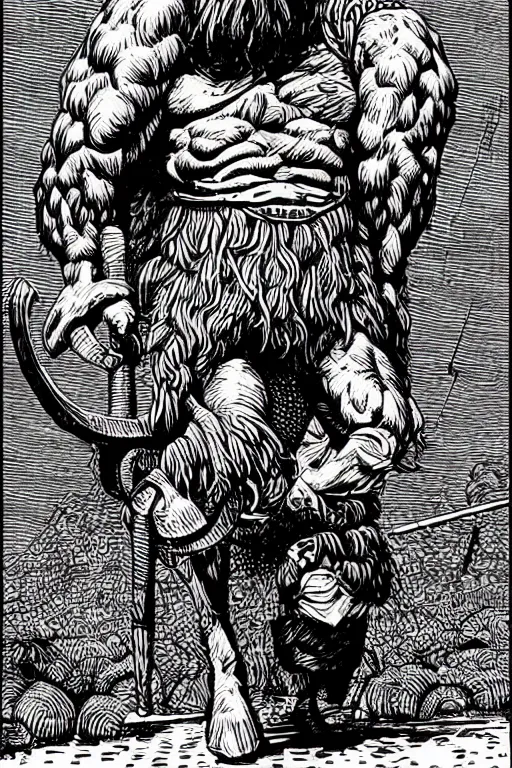 Image similar to ancient historically accurate depiction of the Bible Character Goliath of Gath, the Philistine warrior giant by mcbess