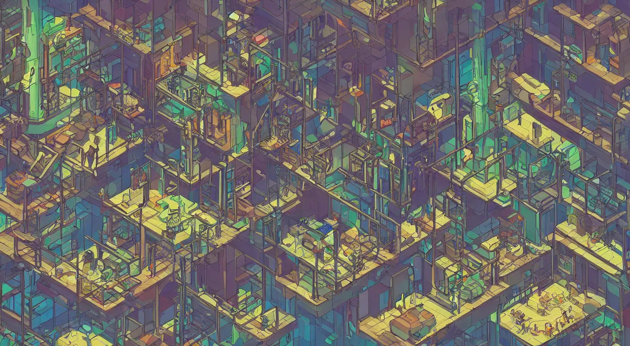 Image similar to cyberpunk treehouse interior, isometric room view