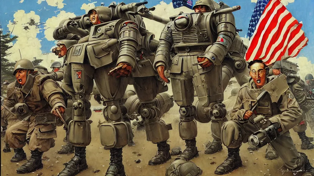 Prompt: America and Japan fight WWII with mechs, in the style of Norman Rockwell, sci-fi illustrations, highly detailed, award-winning, patriotic, american, dark, gritty, oil painting