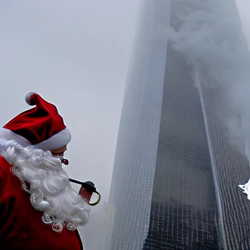 Prompt: santa claus in sleigh crashing directly into world trade center