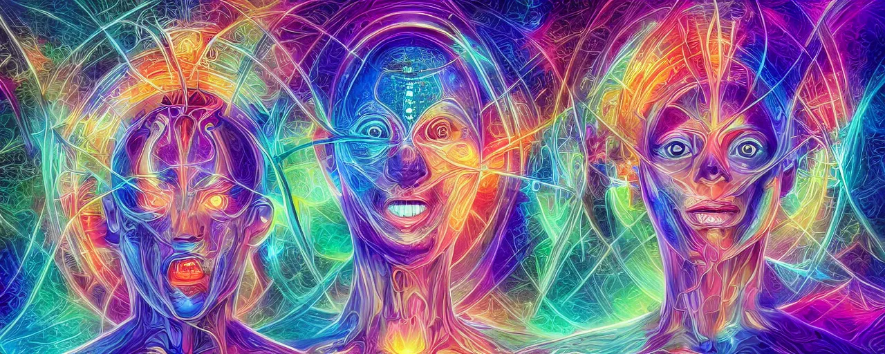 Prompt: transformation, transcendence into collaborative intelligence, endless collaboration with ai, connectedness, body, by alex grey, album cover, award winning, beautiful, colorful, volumetric lighting, trending on artstation, cinematic