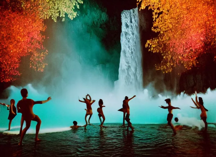 Prompt: people dancing under a waterfall highly detailed sharp zeiss lens 3 5 mm kodachrome film masterpiece ryan mcginley moonmilk fireworks trees nature running cave with blue ambient lighting