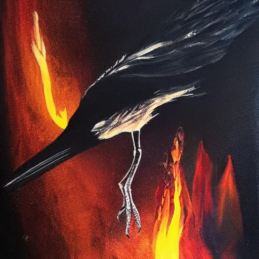 Image similar to a crow completely on fire, in a dark cave, detailed acrylic painting, 4 k