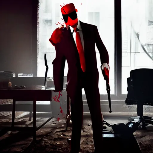 Image similar to TF2 Pyro as The American Psycho, cinematic still, sweating hard