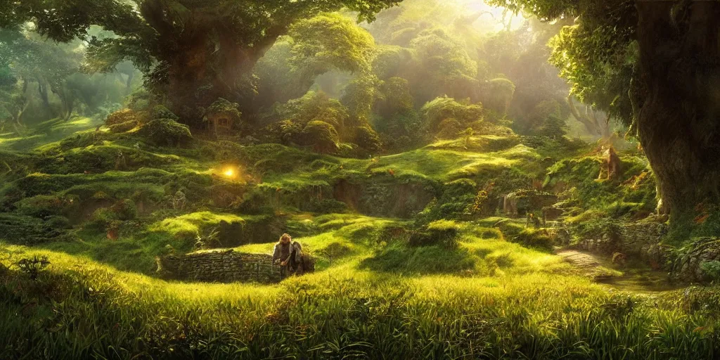 Prompt: lush and beautiful concept art for the shire, lord of the rings, peter jackson, studio ghibli, detailed, realistic lighting, volumetric lighting, golden hour,