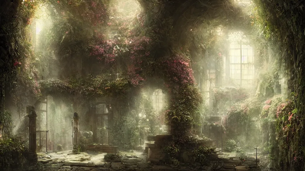 Image similar to hidden underground is a tiny, secret garden. andreas achenbach, artgerm, mikko lagerstedt, zack snyder, tokujin yoshioka