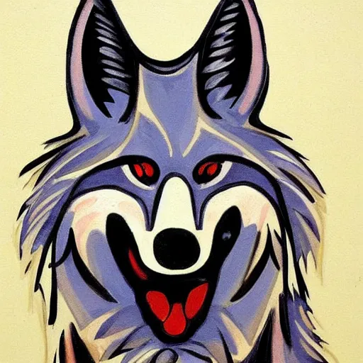 Image similar to retarded funny wolf portrait, expressionism style