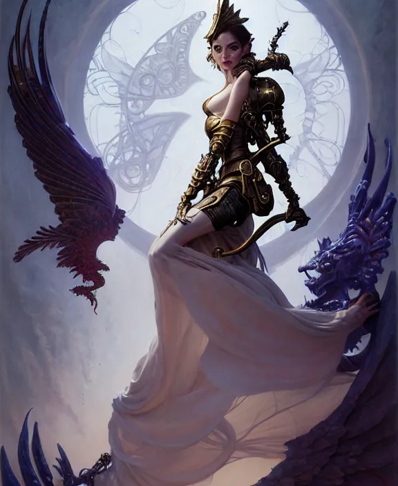 Image similar to beautiful fantasy character portrait, ana de armas, ultra realistic, wide angle, intricate details, the fifth element artifacts, highly detailed by peter mohrbacher, hajime sorayama, wayne barlowe, boris vallejo, paolo eleuteri serpieri, dishonored 2, white gown, angel wings