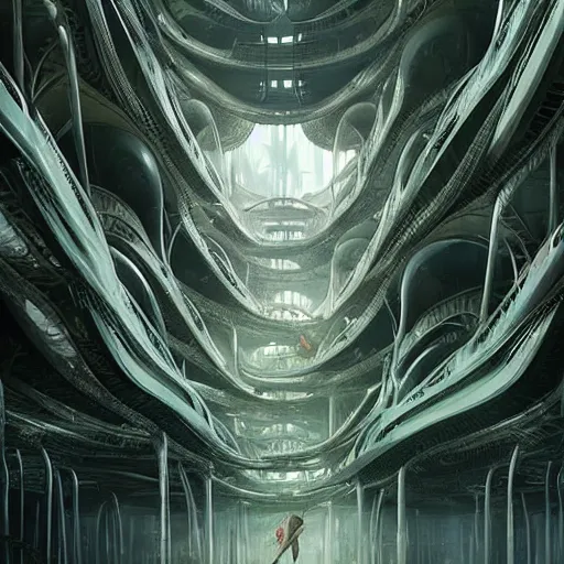 Prompt: epic alien jungle by greg rutkowski inside a giant laboratory by zaha hadid