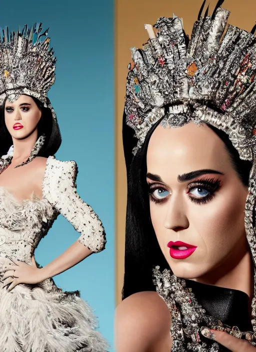 Image similar to katy perry styled by nick knight posing, full body shot, intricate headpiece, vogue magazine, canon, highly realistic. high resolution. highly detailed. dramatic. 8 k. 4 k.