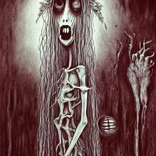 Prompt: grunge drawing of a cartoon bloody monster by - Zdzisław Beksiński , corpse bride style, horror themed, detailed, elegant, intricate