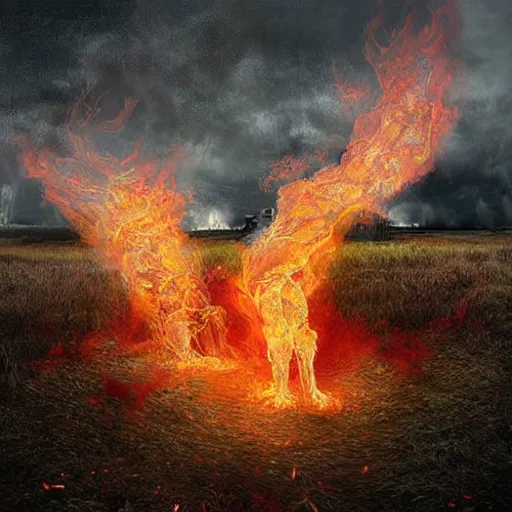 Prompt: extremely realistic fibrous elemental figures infused with fire crystals Painting by Erik Johansson