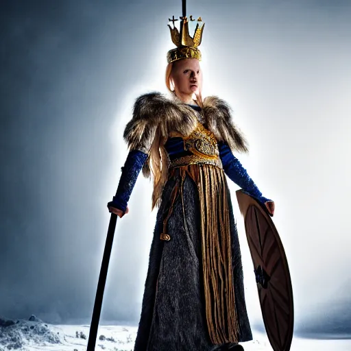 Prompt: photo of a real-life beautiful nordic warrior queen with ornate cloak and crown, 8k, HDR, award-winning, sharp focus, volumetric lighting,