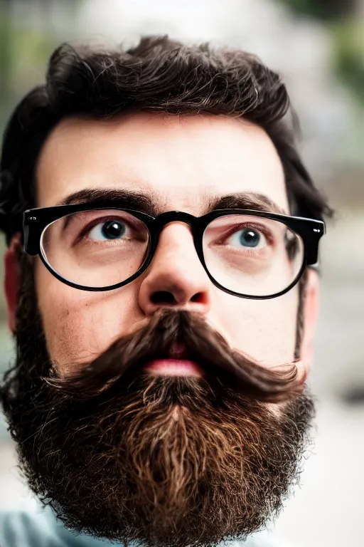 Prompt: photo closeup of a man's head, moustache, beard, black hair, glasses, 3 5 mm, bokeh