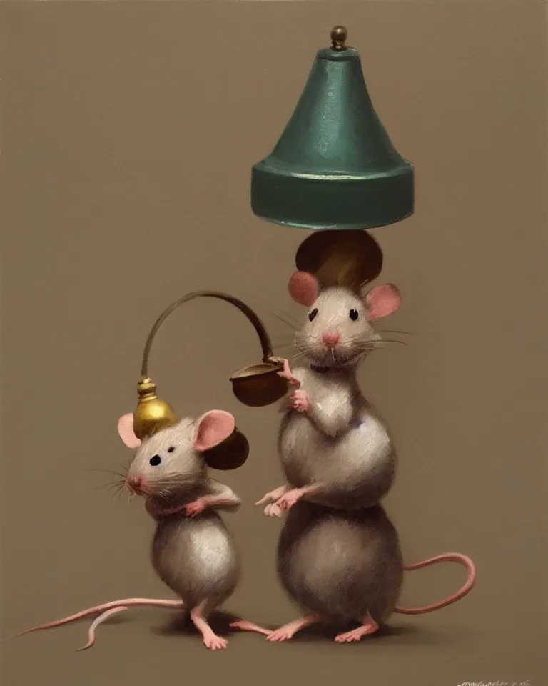 Image similar to an old oil painting of a cute mouse standing on two legs and holding a round bell, trending on artstation