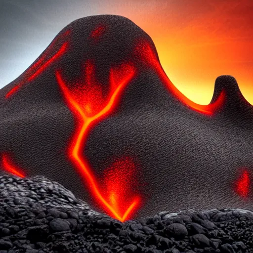 Image similar to a baby magma golem made of rock and lava, photography, dark grey and orange colours, volcano in the background, detailed