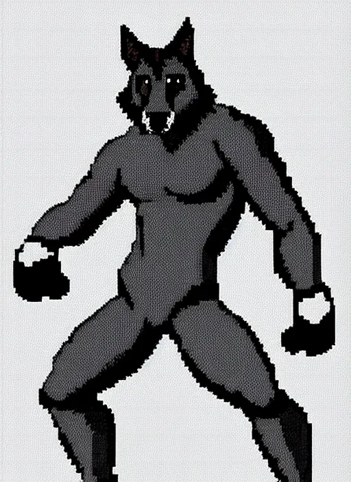 Image similar to full body shot. antropomorphic muscular masculine furr wolf. kickboxer, in sport pants. wolf head. grey furr on body. 8 bit nes graphics, sharp, pixelate