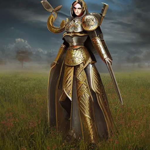 Image similar to a divine templar in heavy armor standing in a field, au naturel, hyper detailed, digital art, trending in artstation, cinematic lighting, studio quality, smooth render, unreal engine 5 rendered, octane rendered, art style by klimt and nixeu and ian sprigger and wlop and krenz cushart