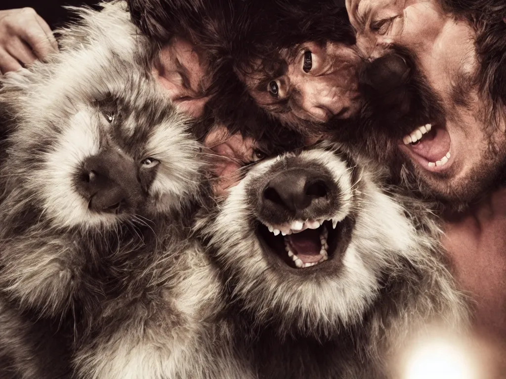 Image similar to Hugh Jackman and Fluffy Furry monster, making silly faces from a stage, movie still, studio lighting, 4k, 8k, high resolution