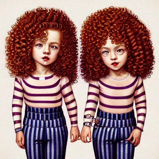 Image similar to red curly haired twins wearing striped clothes:: by Casey Weldon:: ornate, dynamic, particulate, pastel colors, intricate, elegant, highly detailed, centered, artstation, smooth, sharp focus, octane render, 3d