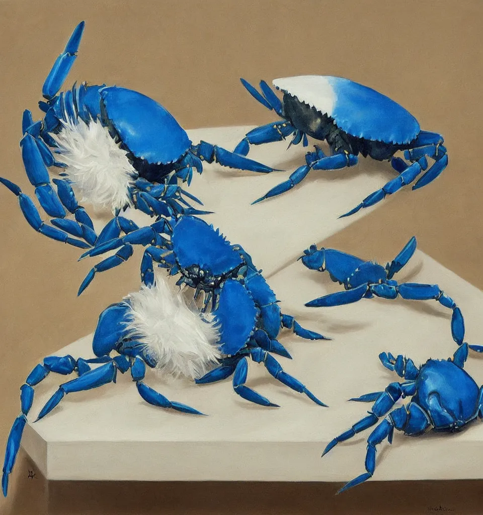 Prompt: still life painting of a blue fat fish crab lobster dancing on a white table, a laughing duck rabbit on a white table, high contrast lighting, impressionism, real fur, real feather