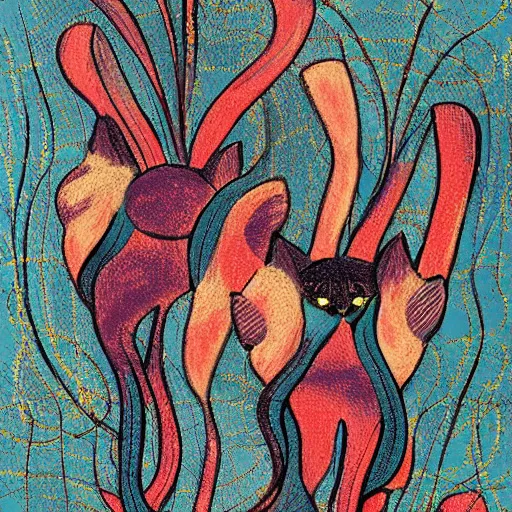 Image similar to abstract expressionist detailed matte illustration of two intertwined cats in the style of Kandinksy