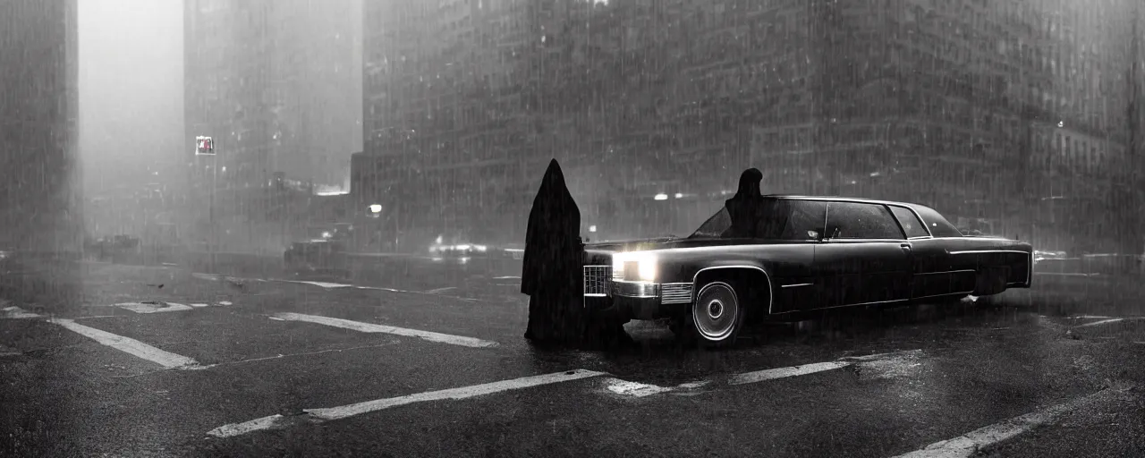 Prompt: A mysterious figure sitting in a black 1970's Cadillac DeVille with the headlights on, smoking a cigarette, parked on the side of the road in the city of New York while it is raining, by Stephen King, dark and dim, moody, sinister, cinematic lighting, 8k render, hyperrealistic