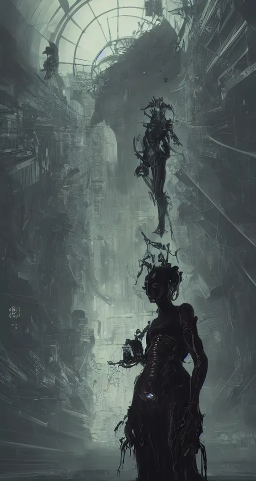 Image similar to dystopian, a dreamland of chinese ukiyo - e, gothic diablo art, rococo art, 4 k post processing. asymmetrical, portrait of an alien with large tubes in face in the style of, ghost in the shell, machine face, intricate, elegant, dramatic lighting concept art by craig mullins and ruan jia and raphael lacoste, trending on artstation