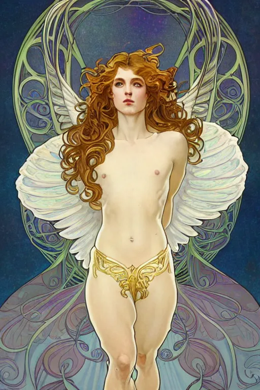 Image similar to full figure art nouveau portrait of a beautiful young fit male angel with curly blond hairs, dressed with fluent clothes, majestic wings, luminous halo, by alfons mucha, d & d character, gradient white to gold, in front of an iridescent background, highly detailed portrait, digital painting, artstation, concept art, smooth, sharp focus illustration, artstation hq