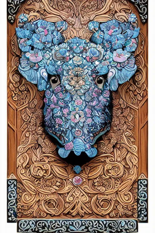 Image similar to Painted dark-wood panel relief carving of a close up of a Flowerpunk Piglet, White and pale blue toned, ornate border frame, explosion of colorful flowers, dark wood, intricately carved, black ink, festival of rich colors, intricate details, cinematic lighting, volumetric lighting, post-processing, art nouveau, tarot, fractal art, mandala, by andreas rocha and john howe, and Martin Johnson Heade, featured on artstation, featured on behance, golden ratio, hyper detailed, photorealistic, epic composition, center spotlight, f32, well composed, symmetrical, UE5, 8k