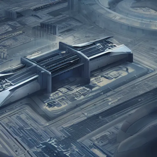 Image similar to sci-fi brutalist airport view from above structure on the coronation of napoleon painting point cloud in the middle, unreal engine 5, keyshot, octane, artstation trending, ultra high detail, ultra realistic, cinematic, 8k, 16k, in style of zaha hadid, in style of nanospace, colors in style of the Blade Runner 2049, in plastic, dark, tilt shift,