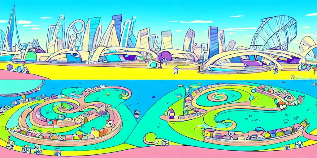 Image similar to chubby spiral shape cartoon concept art, docklands near the sea, from lorax movie, sam and max