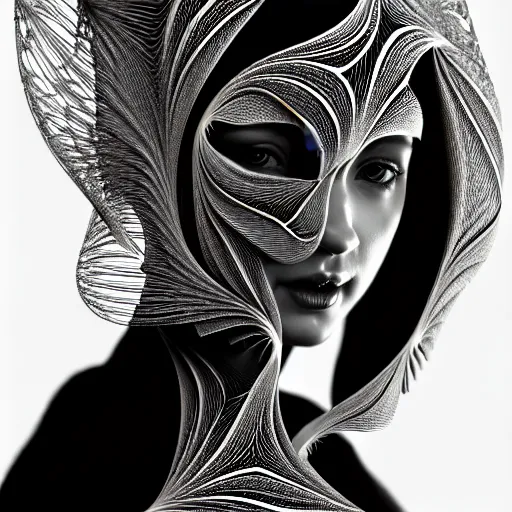 Image similar to portrait of a young beautiful woman with a mask. contemporary photograph and speed painting and fractal and mandelbulb and lines and scribble art. black and white. intricate, elegant, super highly detailed, professional digital painting, artstation, concept art, smooth, sharp focus, no blur, no dof, extreme illustration, Unreal Engine 5, Photorealism, HD quality, 8k resolution, cinema 4d, 3D, beautiful, cinematic, art by artgerm and greg rutkowski and alphonse mucha and loish and WLOP.