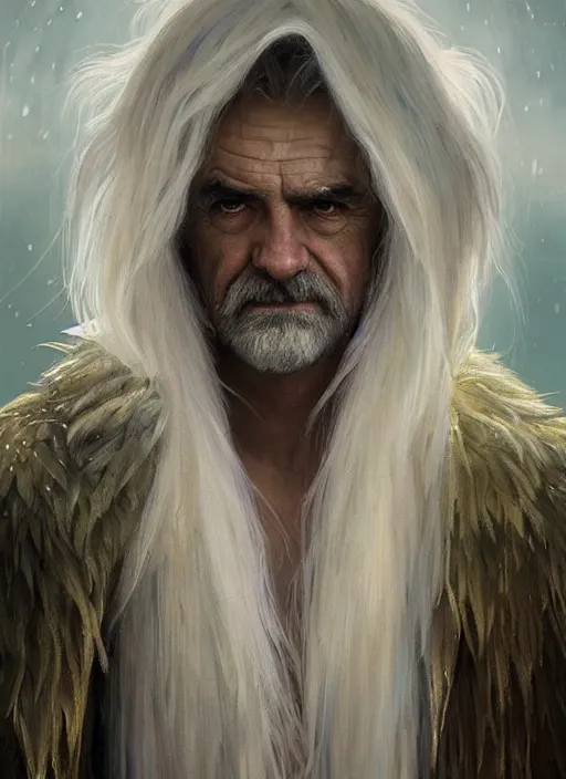 Image similar to Portrait of Sean Connery, white glowing eyes, silver shaggy hair, cloak, ethereal wings, male, fantasy, extremely detailed, digital painting, artstation, concept art, smooth, sharp focus, illustration, stunning lighting, art by artgerm and greg rutkowski and alphonse mucha and simon stalenhag, realistic character concept, high fantasy, light atmosphere, golden ratio, cinematic lighting, hyperdetailed, high resolution, insanely detailed and intricate, artstation, Marc Simonetti, Greg Rutkowski, 8k