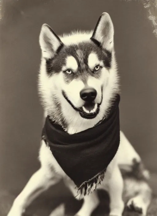 Prompt: late 1 8 0 0 s daugerrotype photograph of a happy husky dog wearing a scarf