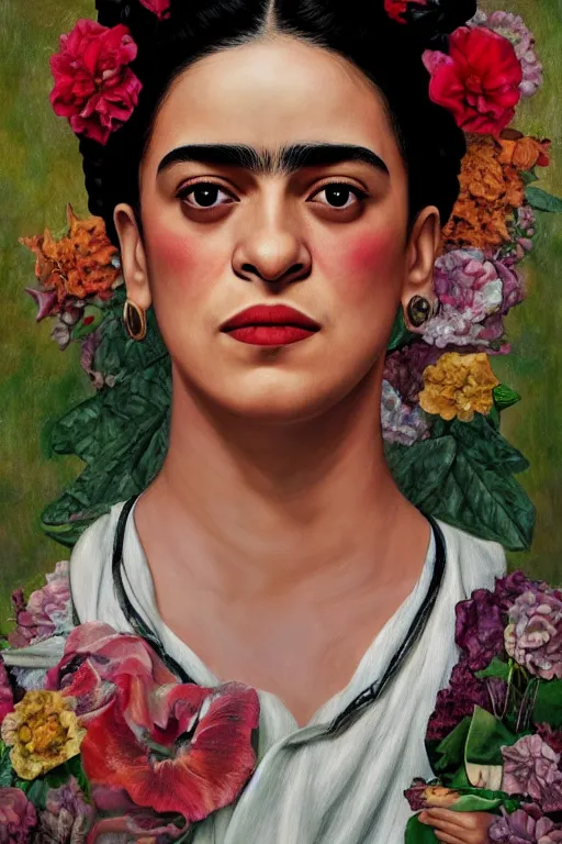 Image similar to camila cabello as frida kahlo, looking down, au naturel, hyper detailed, digital art, trending in artstation, cinematic lighting, studio quality, smooth render, unreal engine 5 rendered, octane rendered, art style by klimt and nixeu and ian sprigger and wlop and krenz cushart