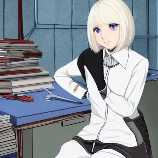 Image similar to platinum - blonde - haired long bob cut blue - eyed princess wearing white leggings and black jacket, sitting in bolshevik office, anime hd, highly detailed, hyperrealistic lighting