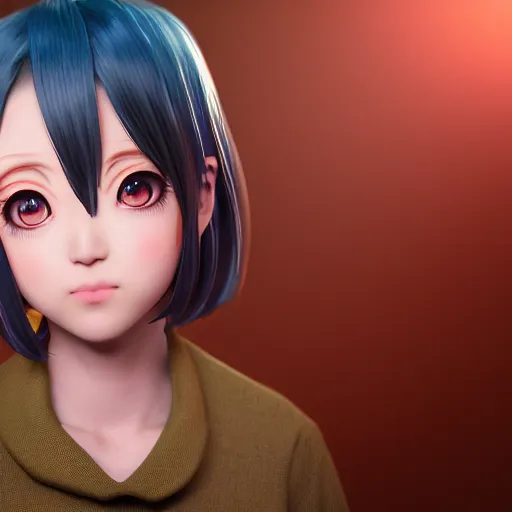 Image similar to Render of 3d anime character mugi, soft smile, medium shot, mid-shot, hyperdetailed, trending on Artstation, Unreal Engine 4k